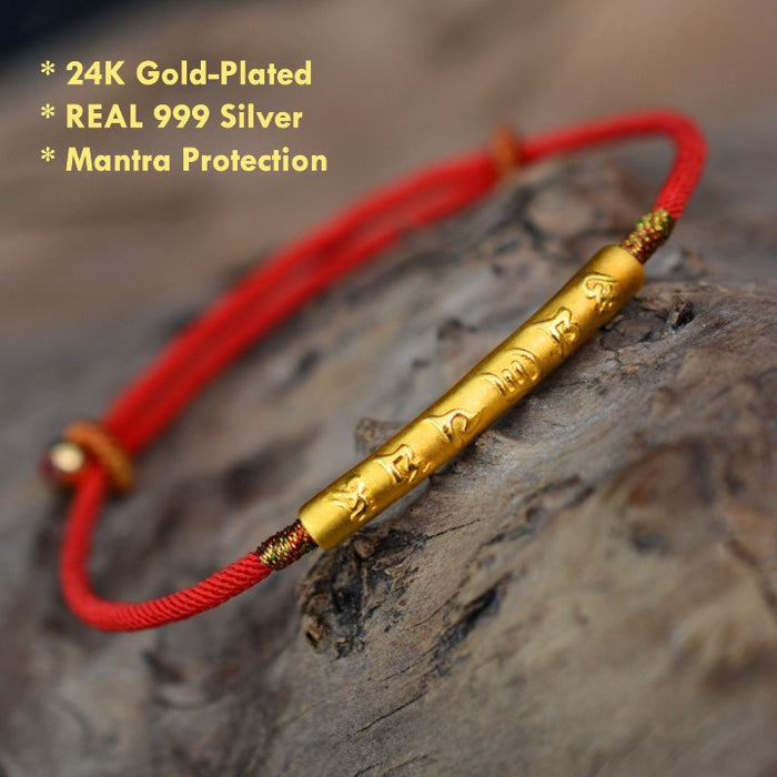 24K gold red string bracelet with 999 silver mantra charm – protection and good luck jewelry