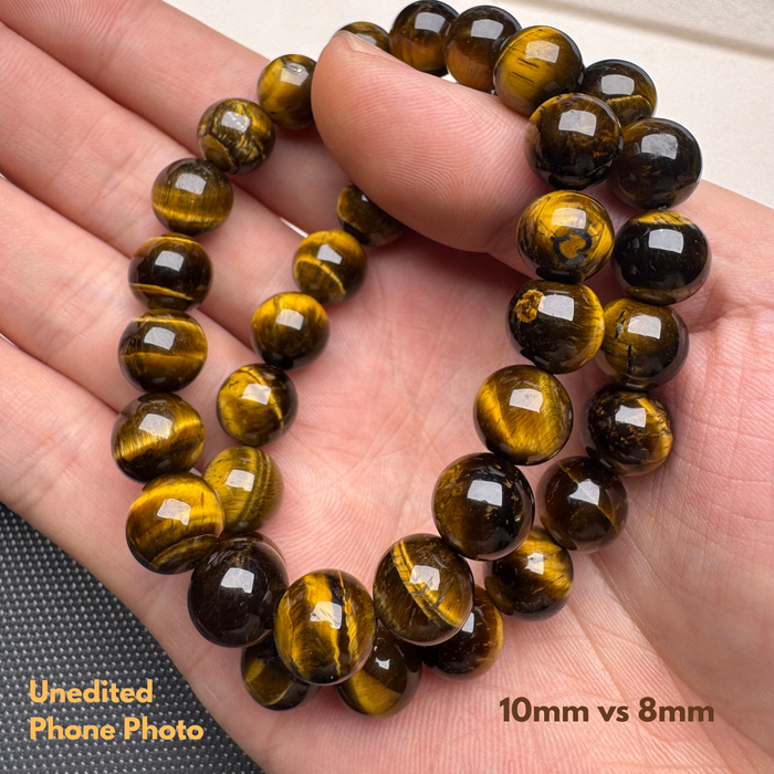 5A grade natural Tiger Eye bracelet 10mm vs 8mm beads close up look beads