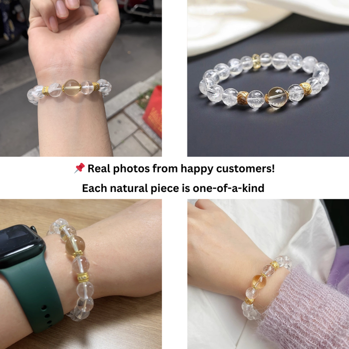 Unisex clear quartz bead bracelet on wrist