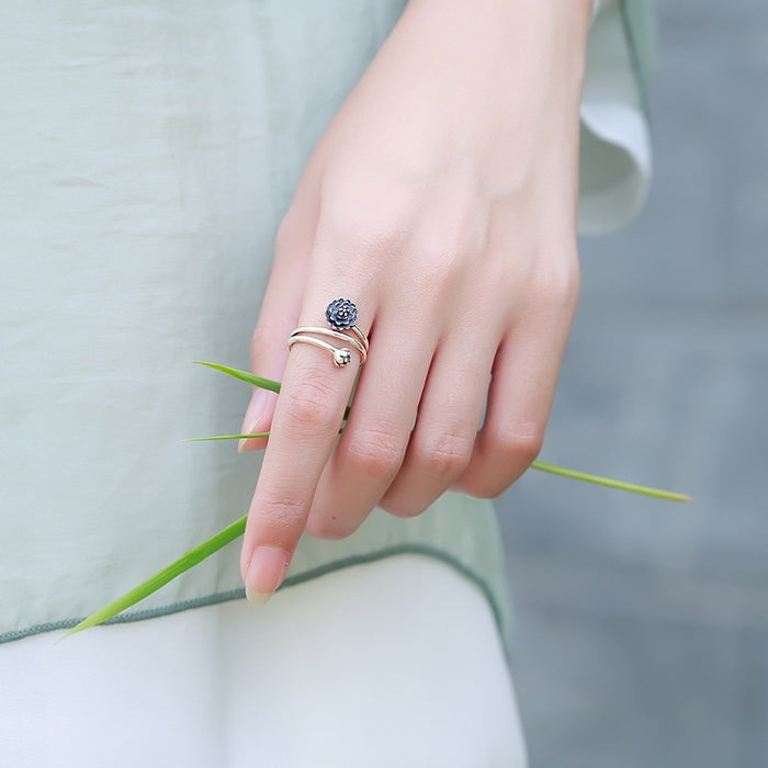 handcrafted lotus flower silver ring adjustable unisex spiritual jewelry