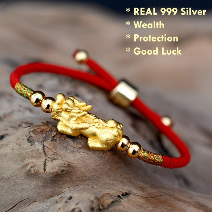 999 Silver Pixiu Red String Bracelet for Wealth & Protection