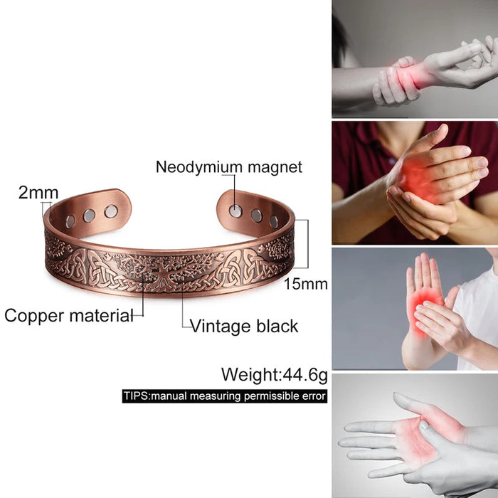 adjustable open-end copper bracelet 18 magnets tree of life