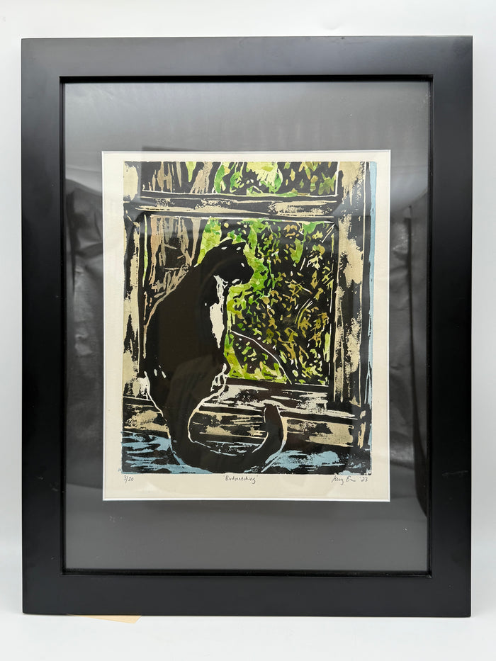 Original Woodcut Print - Birdwatching