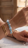 Aqua Blue Crystal Heart Bracelet – Silver Tone Sparkling Heart Link Bracelet, Gift Ready 7079