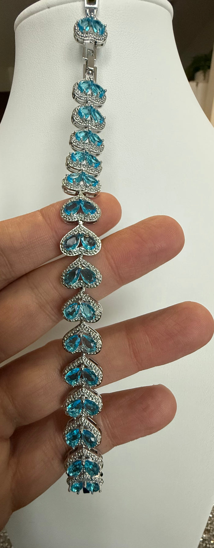 Aqua Blue Crystal Heart Bracelet – Silver Tone Sparkling Heart Link Bracelet, Gift Ready 7079