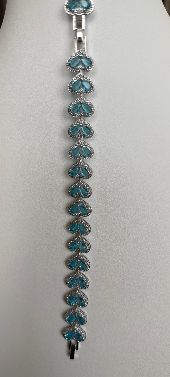 Aqua Blue Crystal Heart Bracelet – Silver Tone Sparkling Heart Link Bracelet, Gift Ready 7079