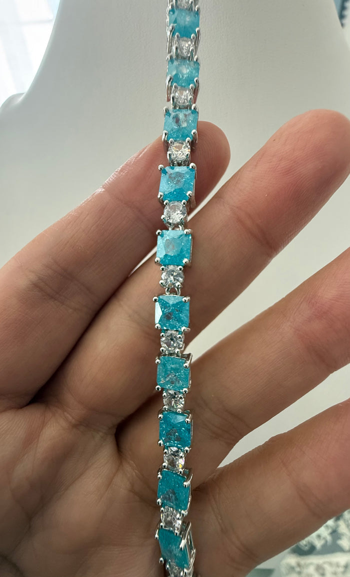 Aqua Blue Square Crystal Tennis Bracelet – Silver Tone Sparkling Statement Jewelry 7084
