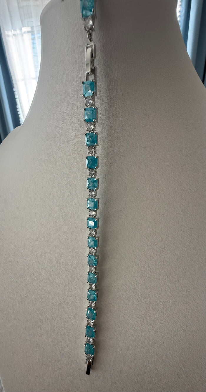 Aqua Blue Square Crystal Tennis Bracelet – Silver Tone Sparkling Statement Jewelry 7084