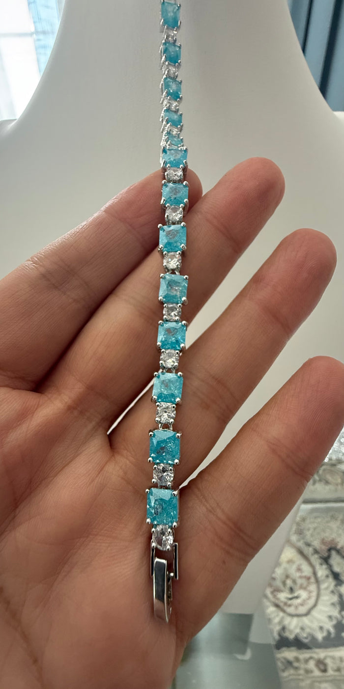 Aqua Blue Square Crystal Tennis Bracelet – Silver Tone Sparkling Statement Jewelry 7084