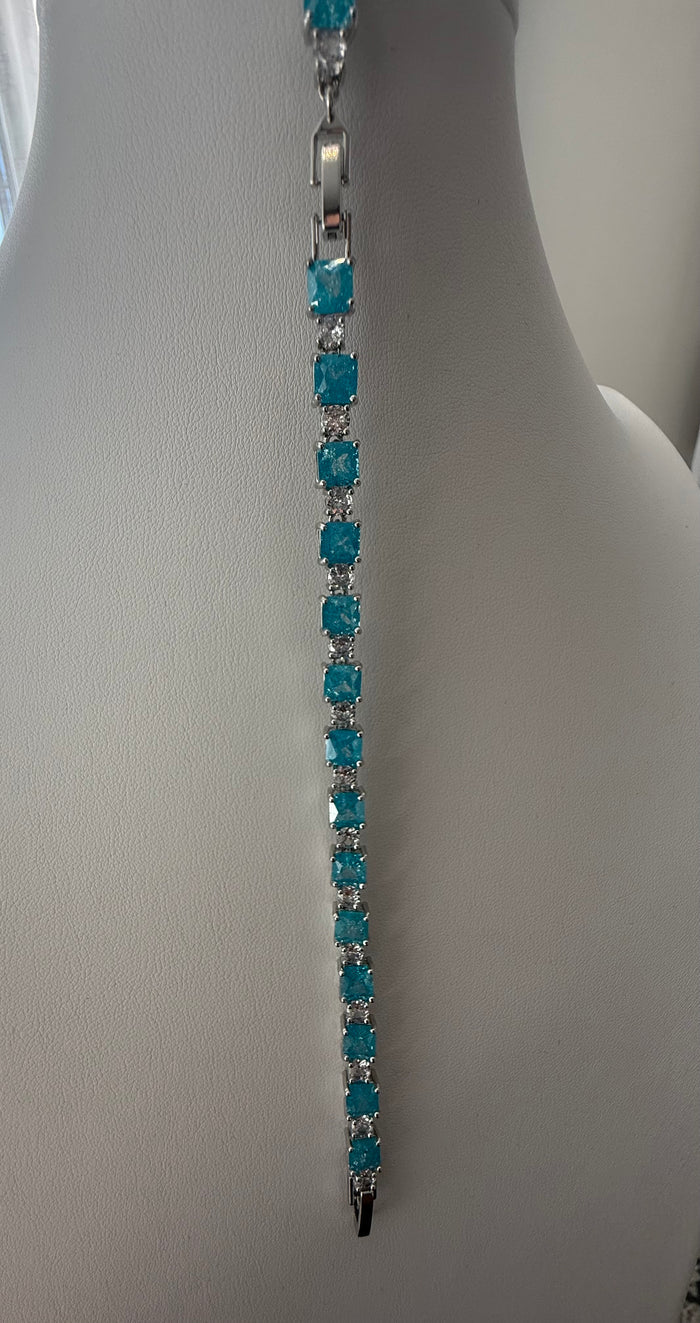 Aqua Blue Square Crystal Tennis Bracelet – Silver Tone Sparkling Statement Jewelry 7084