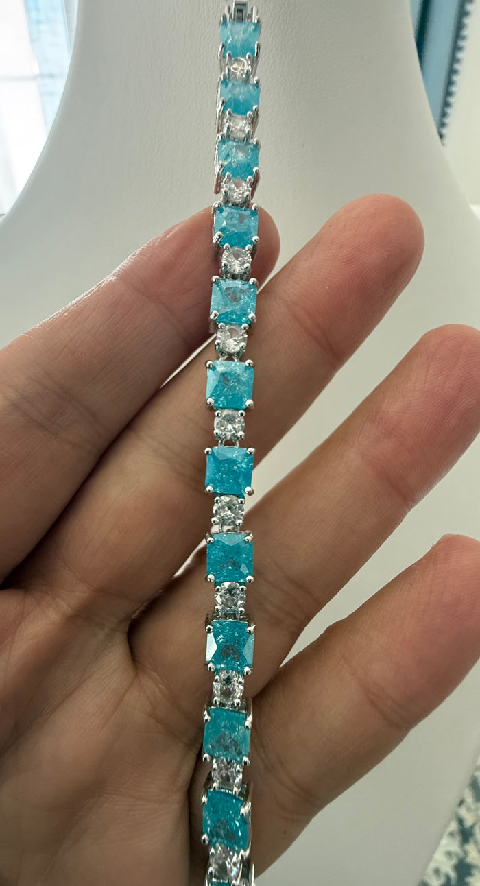 Aqua Blue Square Crystal Tennis Bracelet – Silver Tone Sparkling Statement Jewelry 7084
