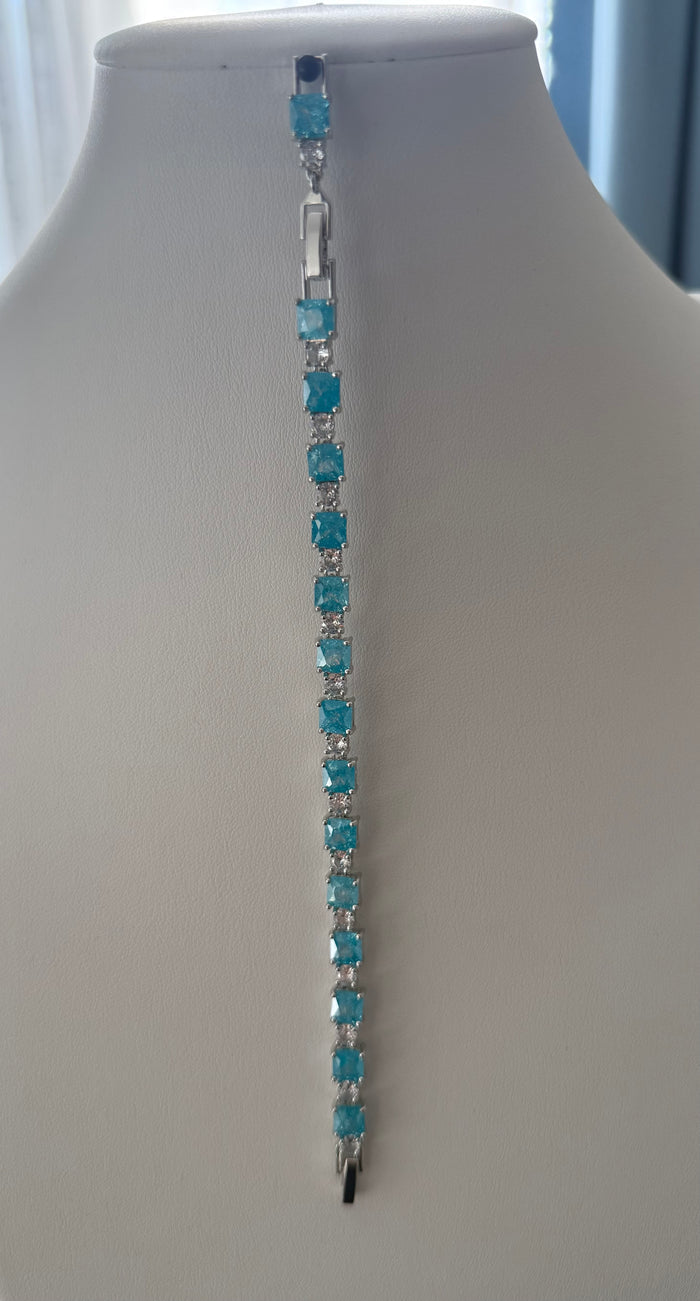 Aqua Blue Square Crystal Tennis Bracelet – Silver Tone Sparkling Statement Jewelry 7084