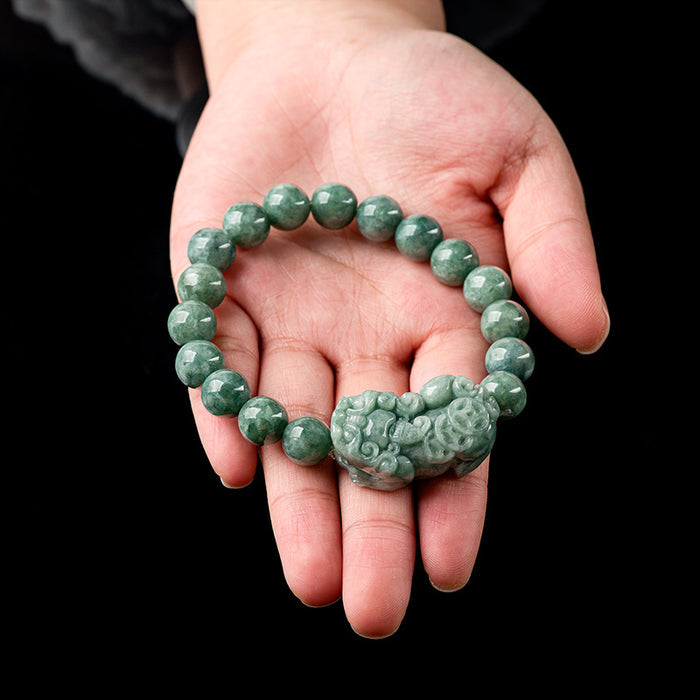 Natural Jadeite Bracelet with Pixiu Charm for Men and Women