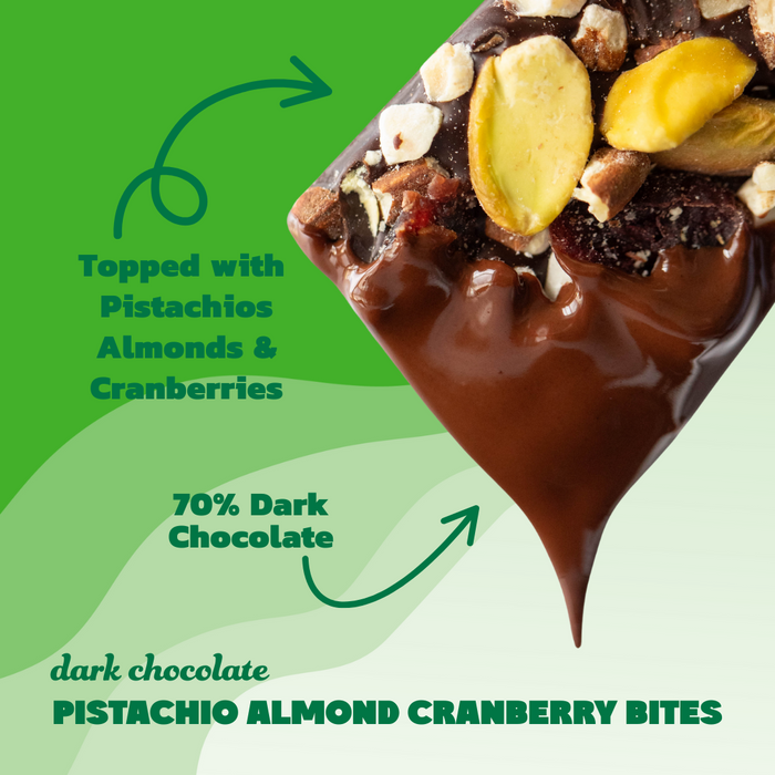 Dark chocolate bar with pistachios, almonds, and cranberries on a green background. Dark chocolate snacks with more protein and less sugar.