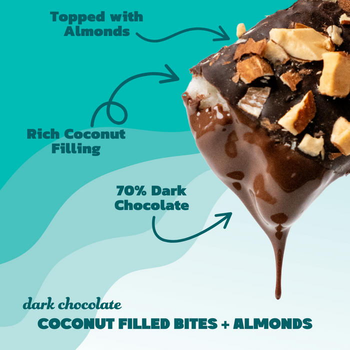 Dark chocolate coconut filled bites with almonds on a blue background. 70% dark chocolate snacks with more protein and less sugar.