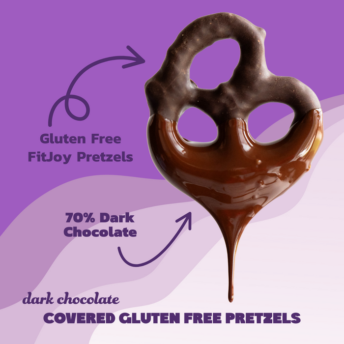 Chocolate-covered gluten-free pretzel on a purple background with text about the product.