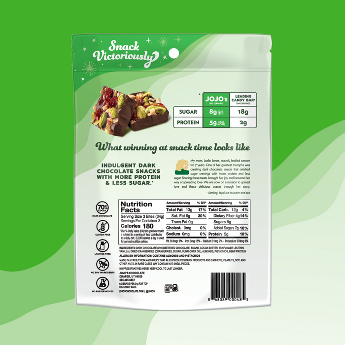 Snack packaging for pistachio almond cranberry bites with nutritional information on a green background