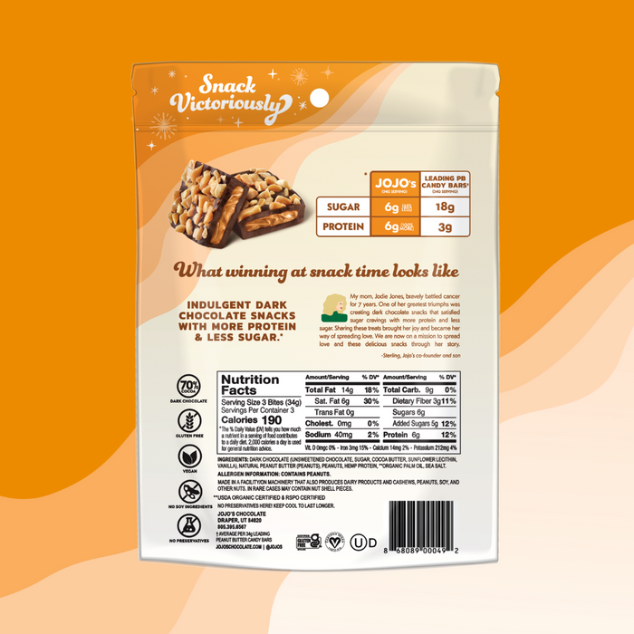 Snack packaging for peanut butter bites with nutritional information on an orange background