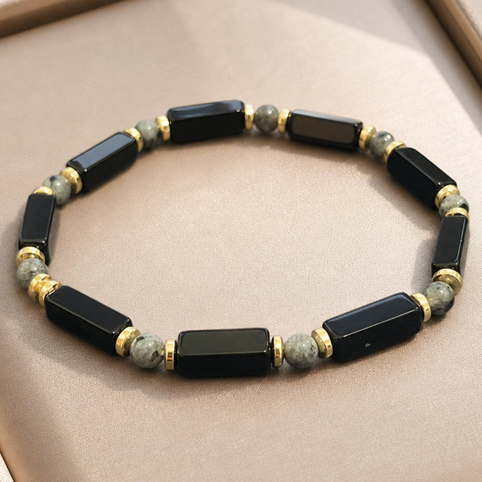 Natural Black Agate Bracelet with Larvikite Beads