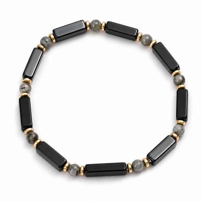 Natural Black Agate and Larvikite Gemstone Bracelet