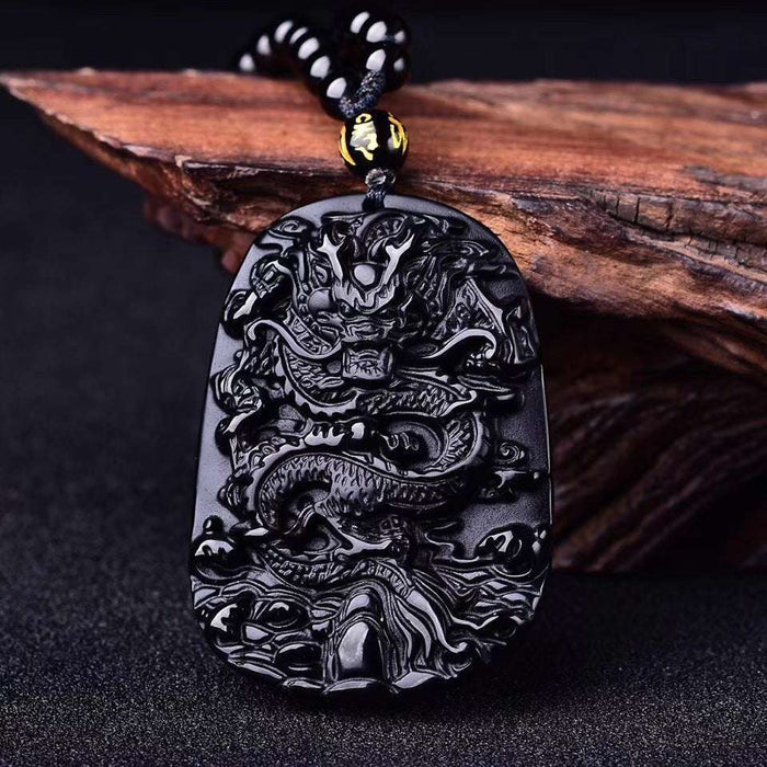 black obsidian dragon necklace men’s feng shui protection pendant