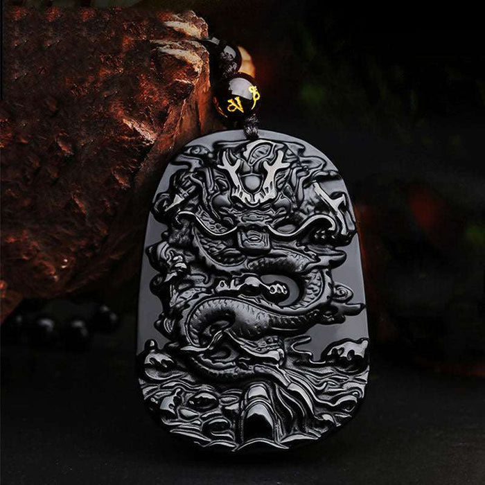 genuine black obsidian stone necklace carved dragon pendant men