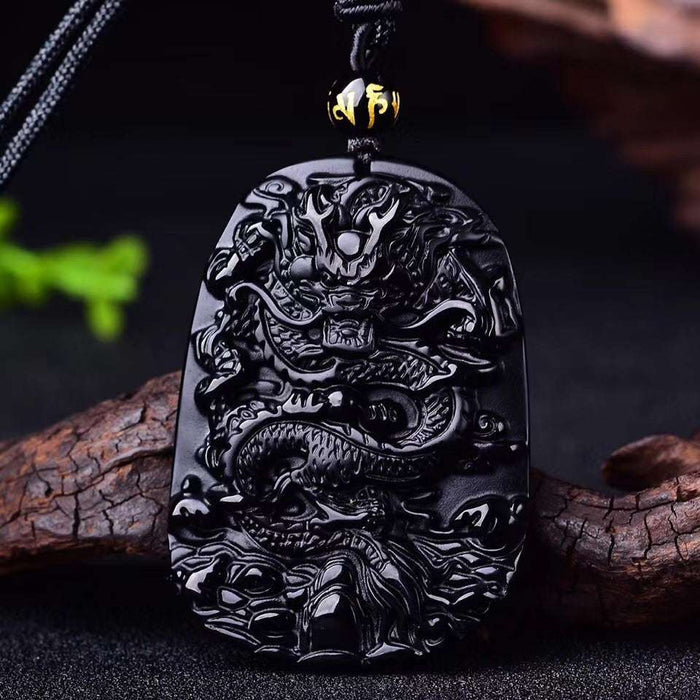 genuine black obsidian stone necklace carved dragon pendant men