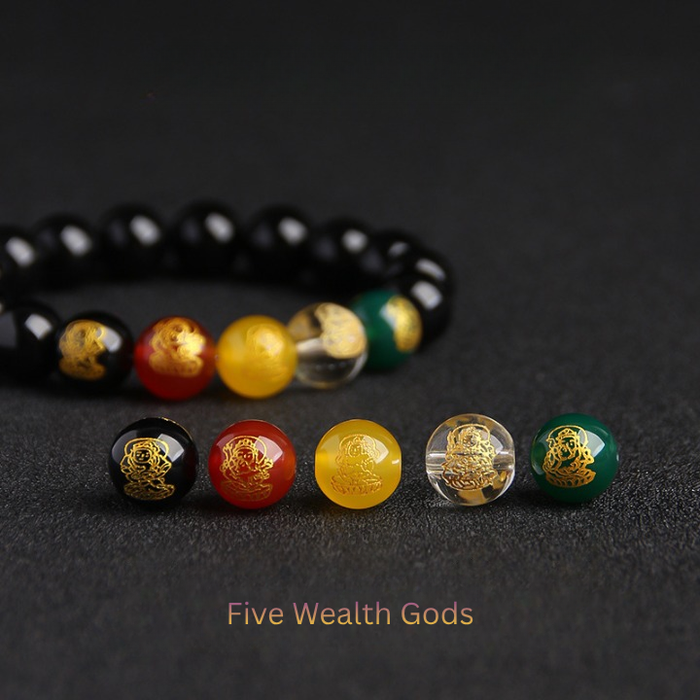 Black obsidian feng shui wealth bracelet with five wealth gods symbol