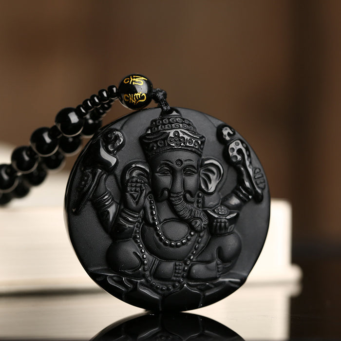 Obsidian Ganesha Elephant Necklace