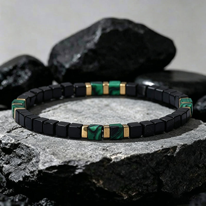 Natural Black Obsidian Bracelet with Green Malachite Cube Beads