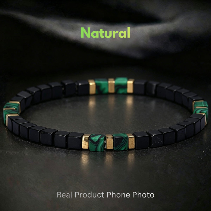 Natural Gemstone Bracelet for Men Featuring Obsidian and Malachite