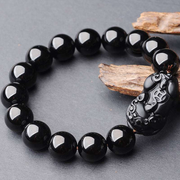 Men’s Feng Shui Pixiu Bracelet – Wealth & Protection Black Obsidian Beads