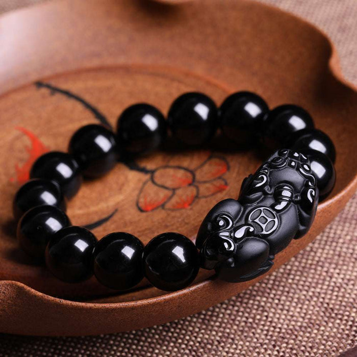 Men’s Feng Shui Pixiu Bracelet – Wealth & Protection Black Obsidian Beads