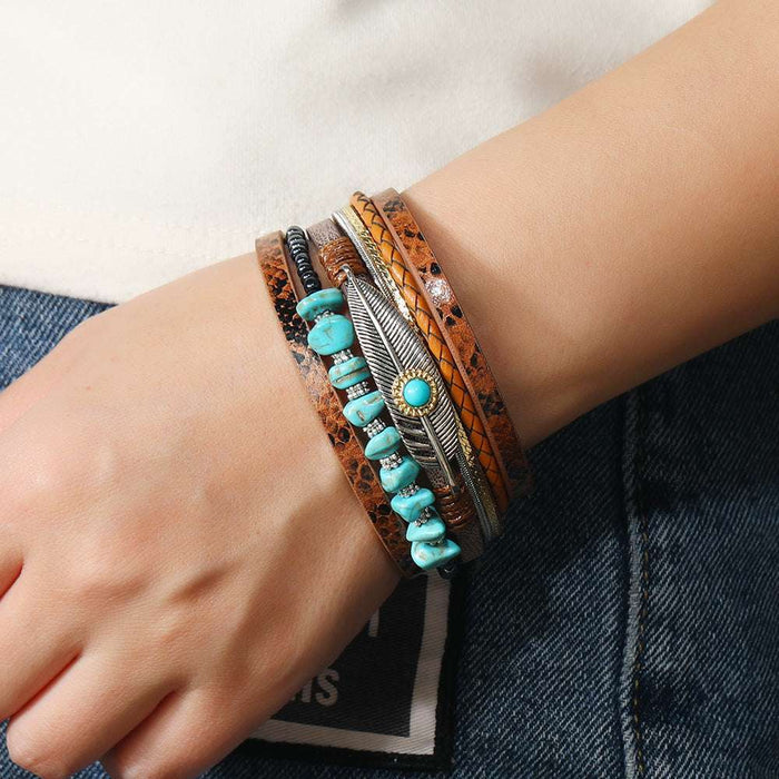 handcrafted turquoise bohemian bracelet with layered leather