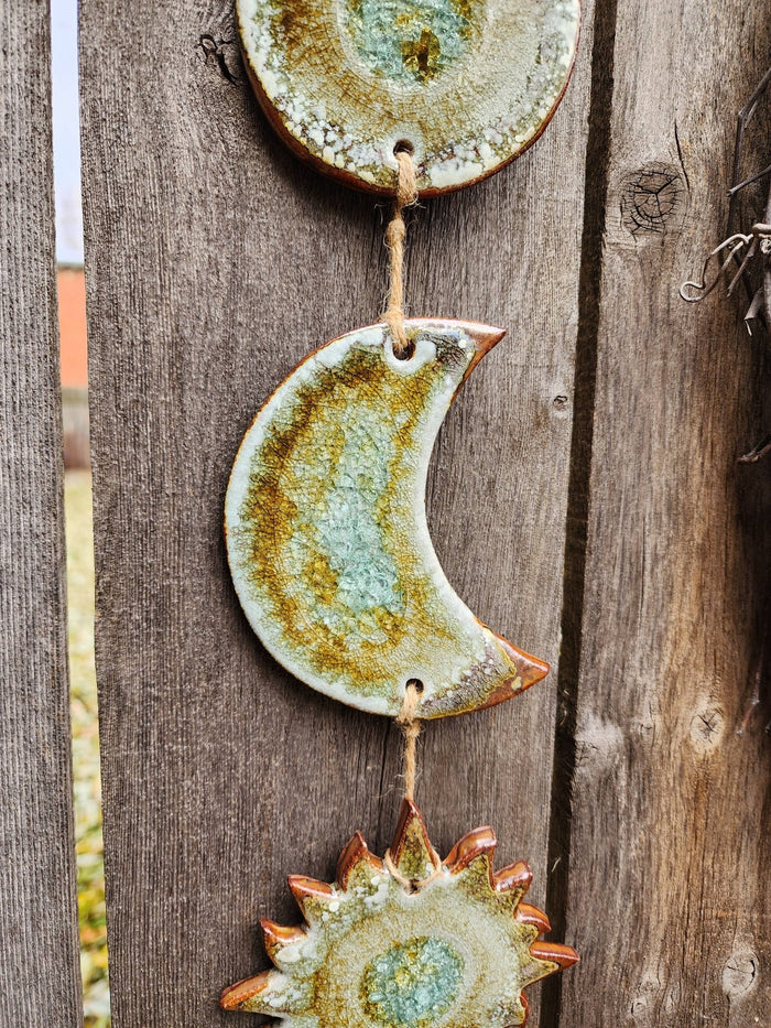 Celestial Wall Hanging, Handmade Sun Moon Stars, Boho Gift: Ash / Small 26" x 5" - The Regal Find