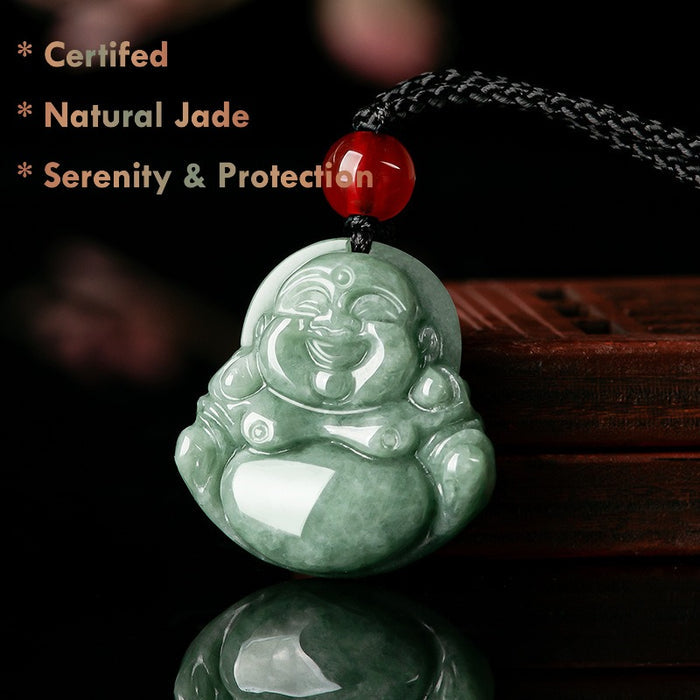 Certified Burmese Jadeite Laughing Buddha Pendant Necklace – Green Jade