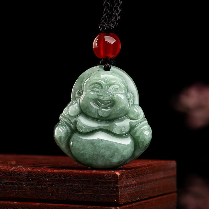 Certified Burmese Jadeite Laughing Buddha Pendant Necklace – Green Jade