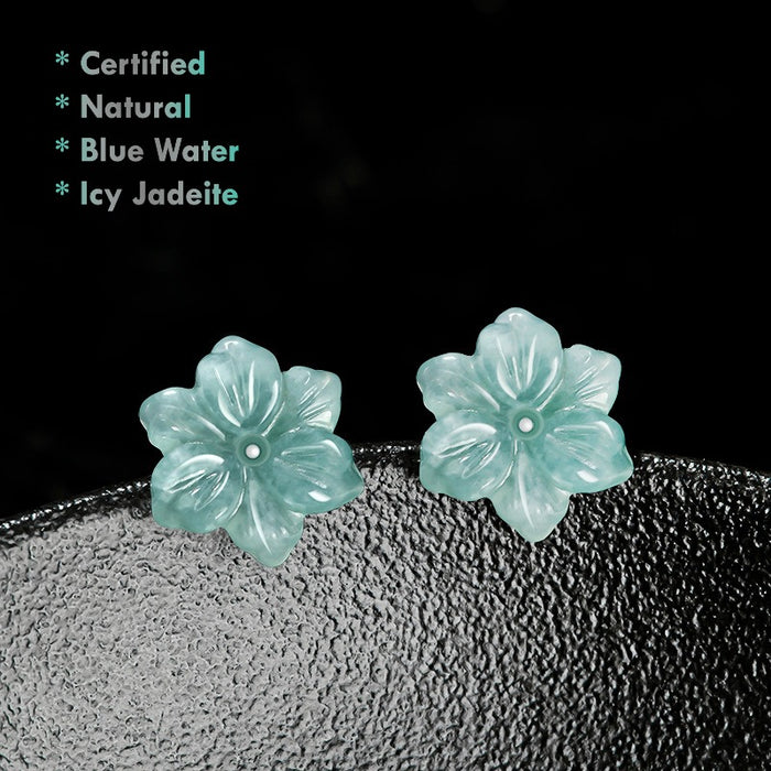 Certified Grade A Blue Water Jade Earrings — Natural Jadeite Flower Studs