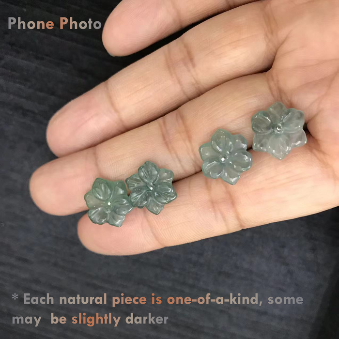 Hand-Carved Jadeite Earrings — Blue Water Jade Flower Design