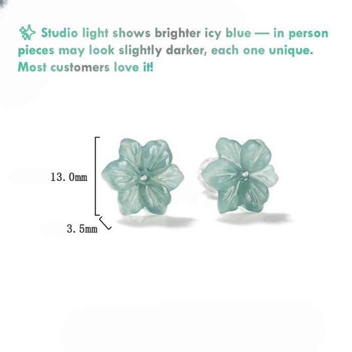 Hand-Carved Jadeite Earrings — Blue Water Jade Flower Design