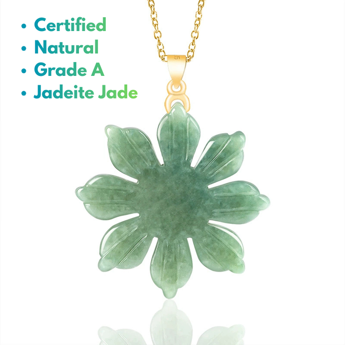 Certified Grade A jadeite sunflower pendant necklace with natural green jade and pure titanium chain
