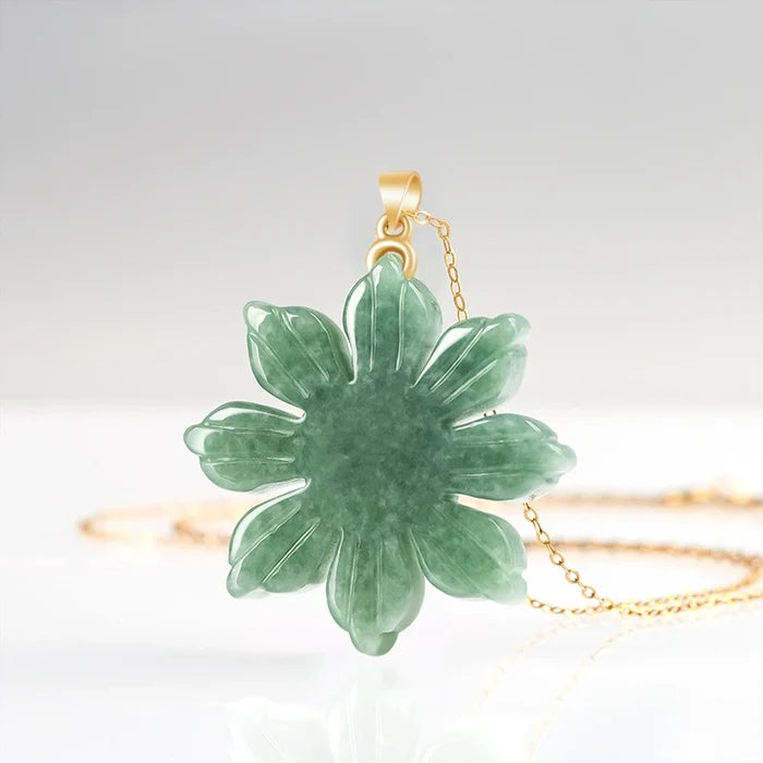 Grade A jadeite sunflower pendant showing natural jade texture and polished finish