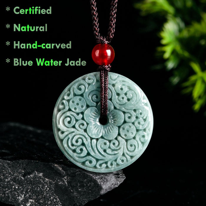 Certified Blue Water Jade Pendant Necklace Vintage Carved Design