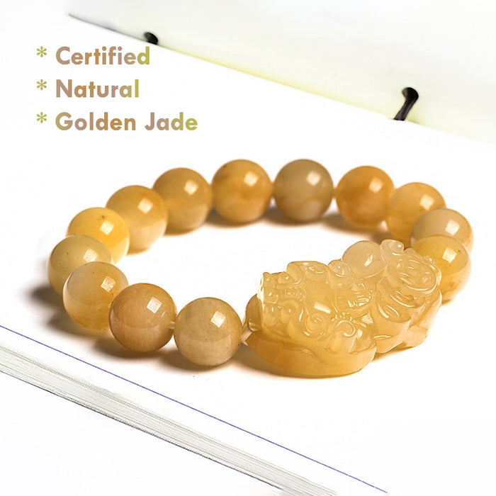 Certified Natural Golden Silk Jade Pixiu Bracelet – Feng Shui Wealth & Protection Jewelry
