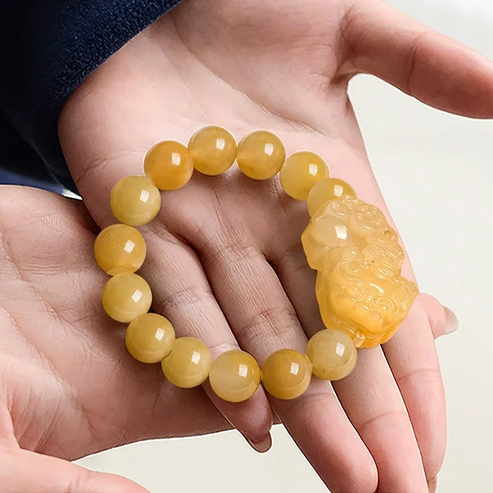 Certified Natural Golden Silk Jade Pixiu Bracelet – Feng Shui Wealth & Protection Jewelry