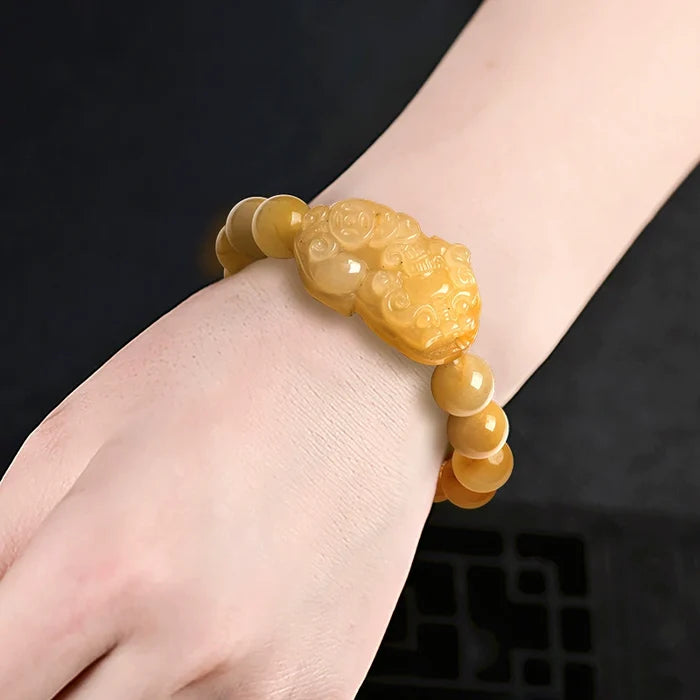 Handcrafted Golden Silk Jade Bracelet with Pixiu Charm for Prosperity & Abundance