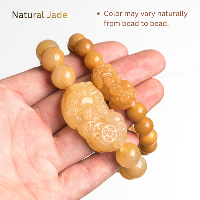 Certified Natural Golden Silk Jade Pixiu Bracelet Close Up Look