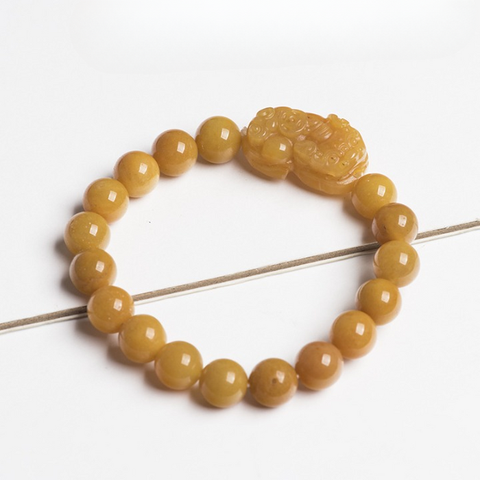 Handcrafted Golden Silk Jade Bracelet with Pixiu Charm for Prosperity & Abundance