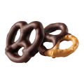 Two pretzels dipped in dark chocolate, one half dipped one a clear background
