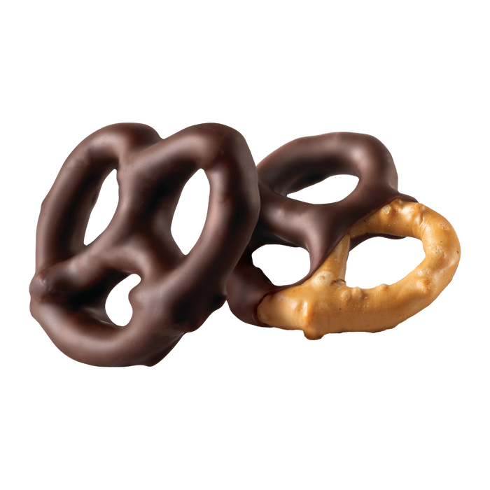 Two pretzels dipped in dark chocolate, one half dipped one a clear background
